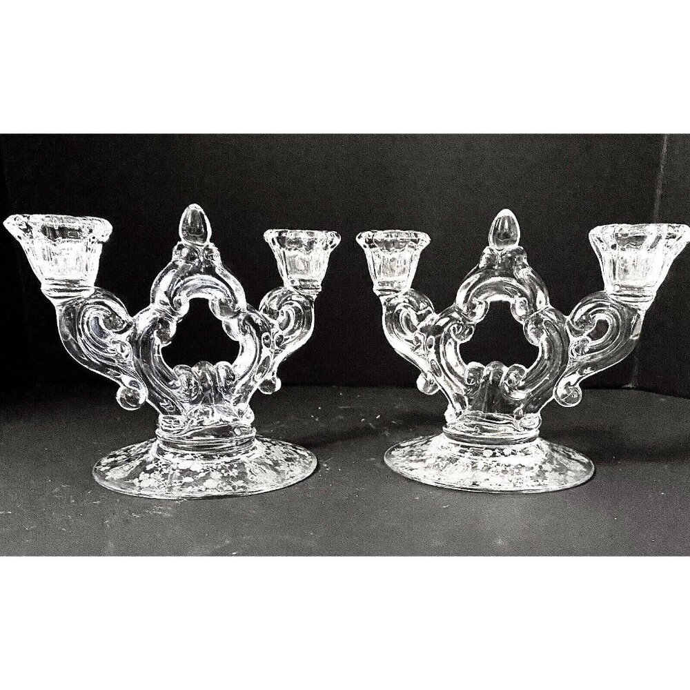 Vtg. Cambridge Glass Rose Point Double Candelabra Candlesticks w/ Etched Base